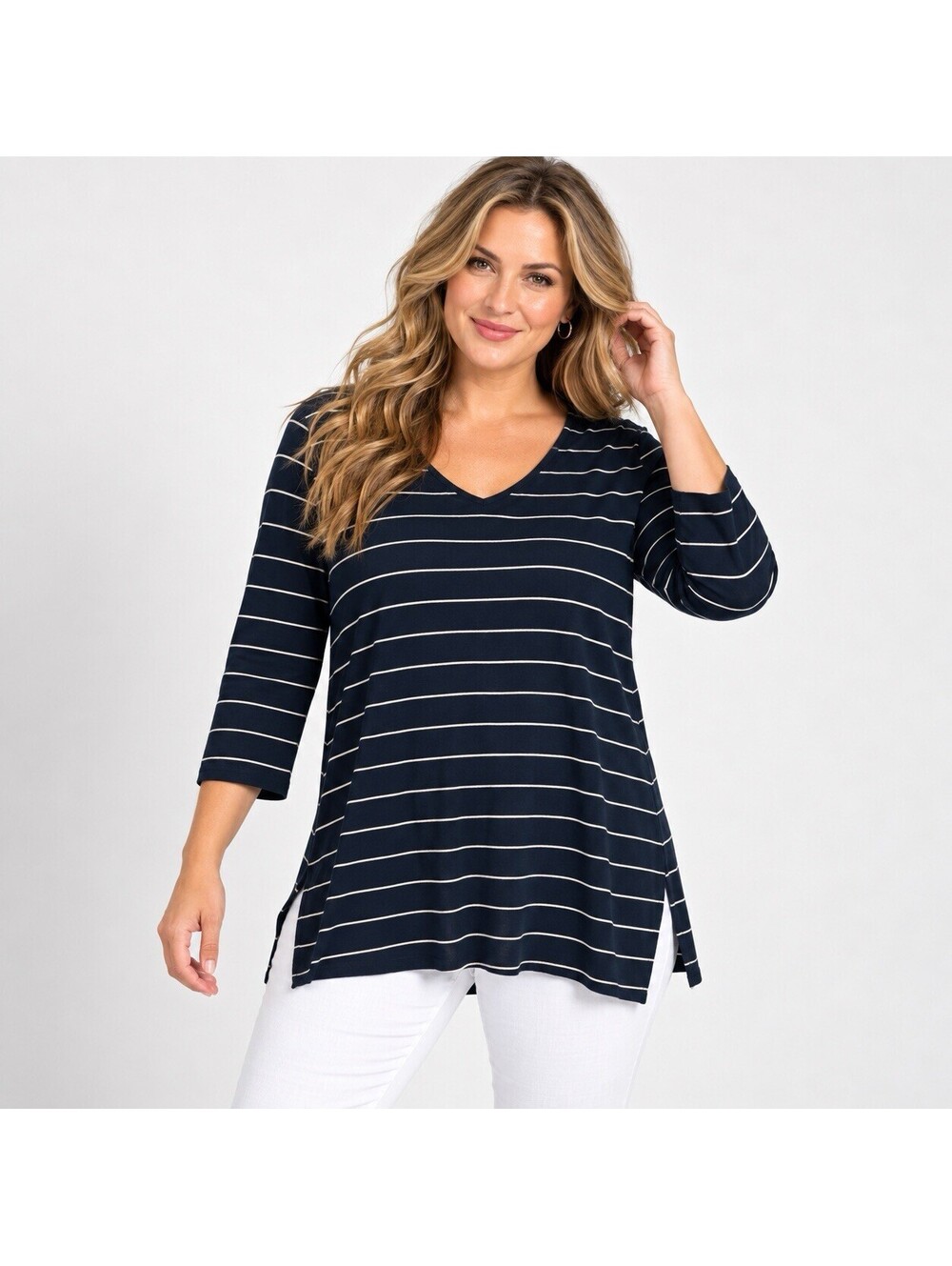J.Jill Pima Cotton Striped Tunic Top L Petite Navy V Neck Coastal Nautical Prep